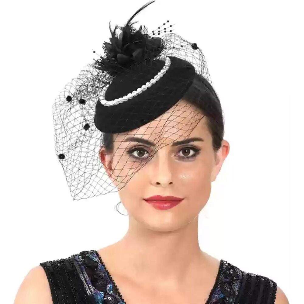 7113 Fascinators Tea Party Hats With Veil- 20s 50s Pillbox Hat Cocktail